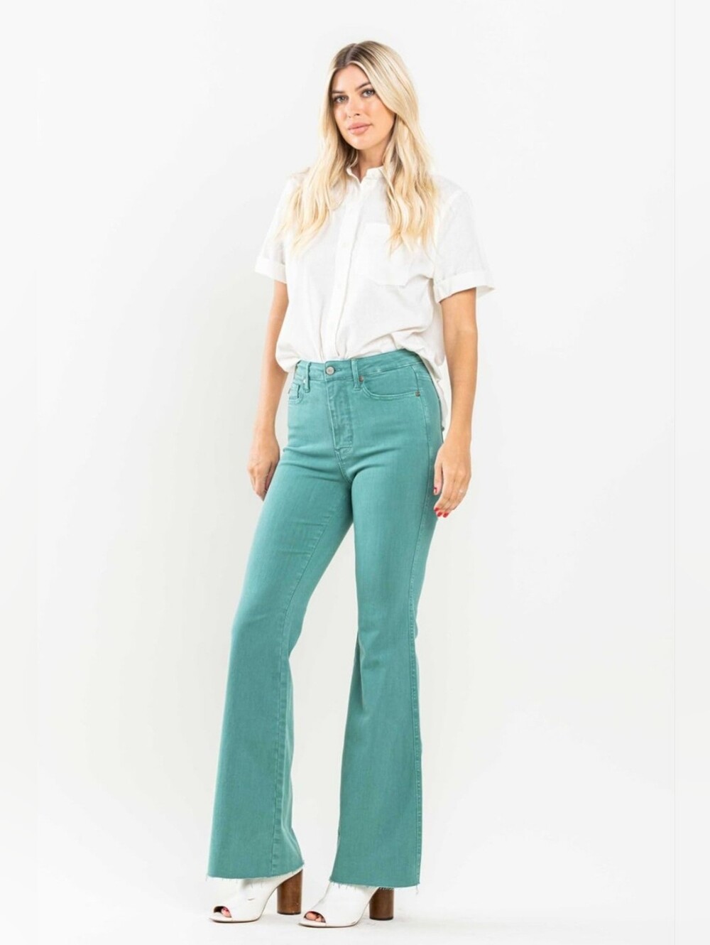 Judy Blue High Rise Garment Dyed Flare Jeans Teal Green Raw Hem Stretch 5/27 NEW - Picture 5 of 12